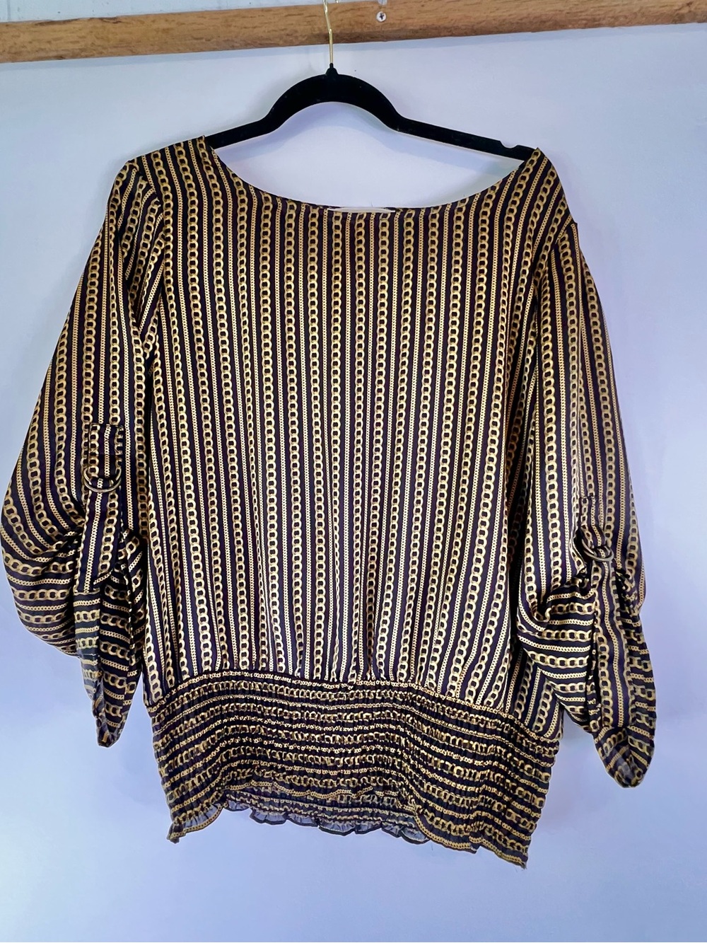 Michael Kors Gold Black Chain Link  Print  Blouse Large Old Money Corporate Luxe
